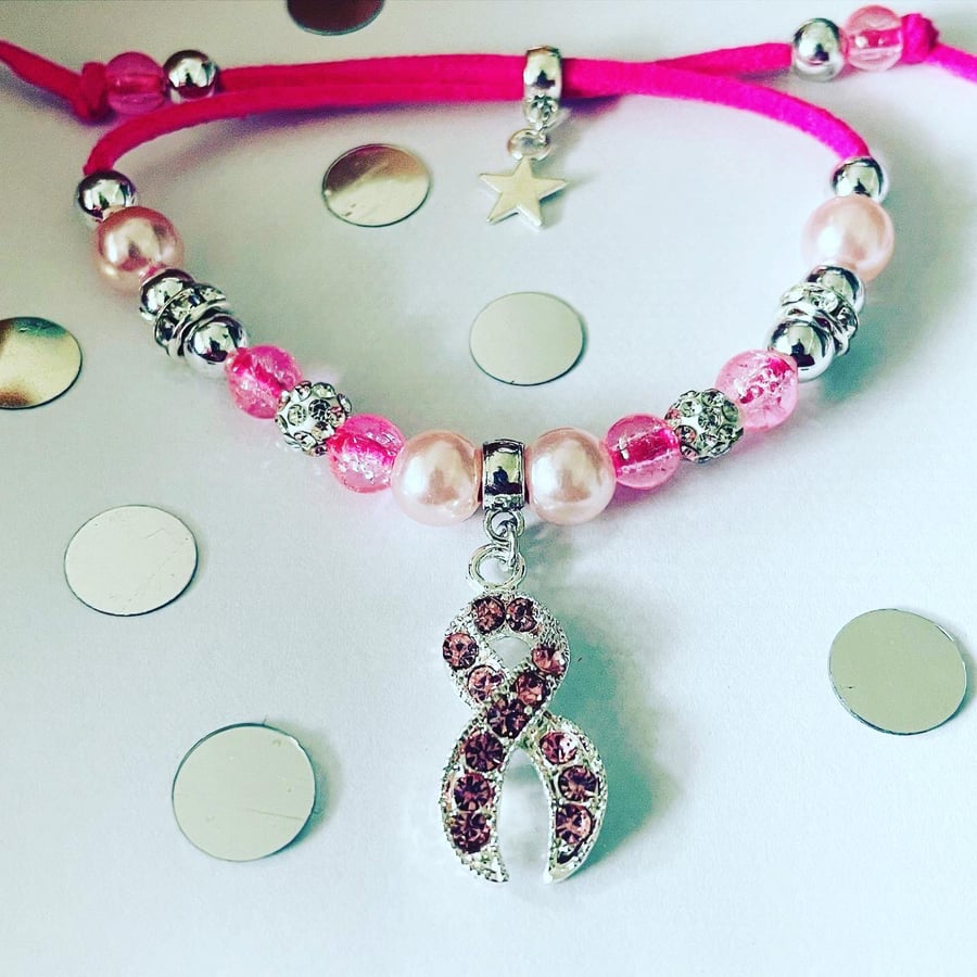 Breast cancer awareness rhinestone charm bracelet ladies gift suede corded