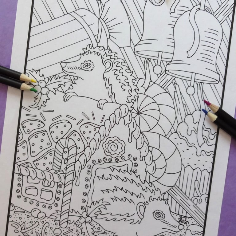 Hedgehogs A4 Christmas Colouring Page Printable JPG by S Godwin Studio