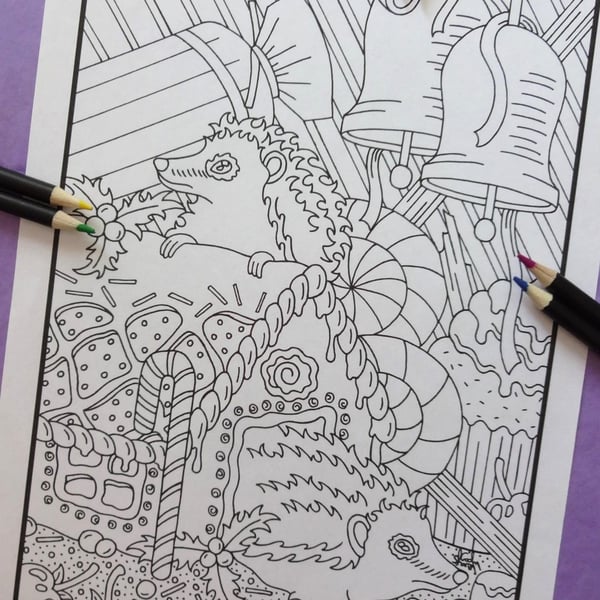 Hedgehogs A4 Christmas Colouring Page Printable JPG by S Godwin Studio