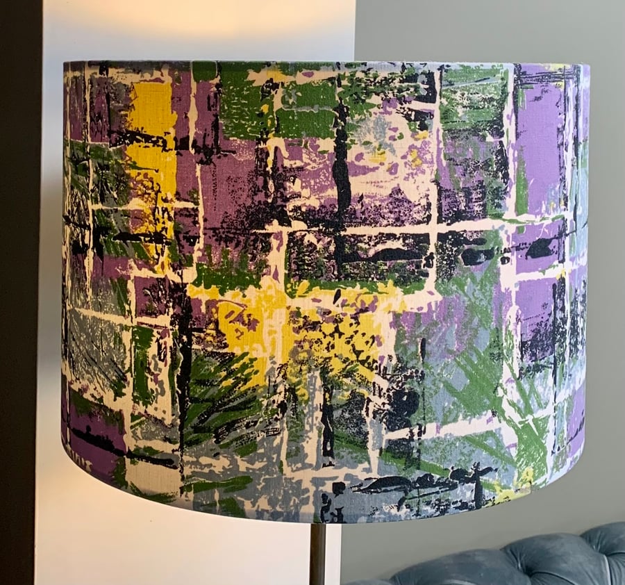 Mid century Purple Green BORNEO 50s 60s Abstract  vintage fabric Lampshade 