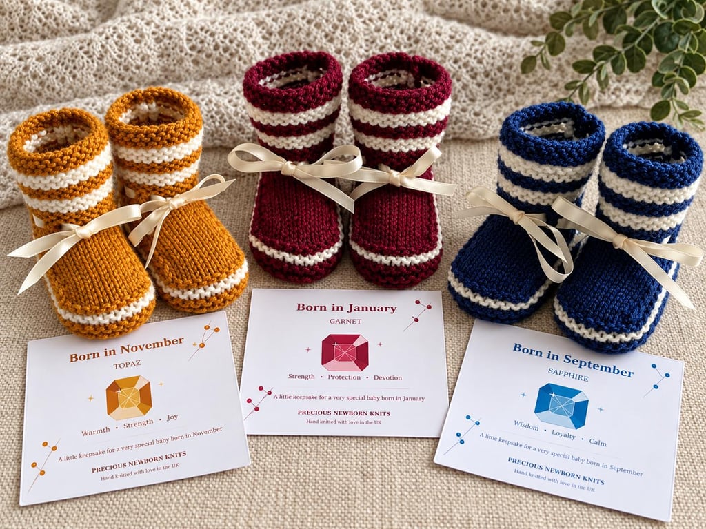 Hand Knitted Birthstone Baby Booties & Keepsake Card – 0–9 Months