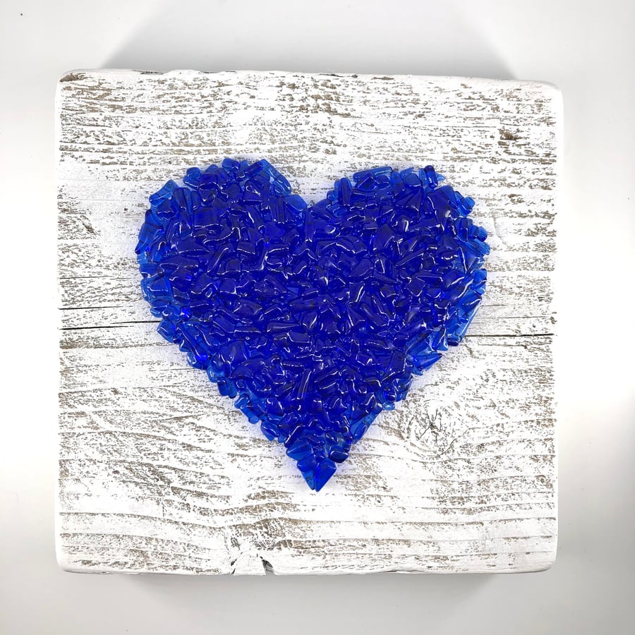 Blue Crushed Glass Heart on Reclaimed Wood