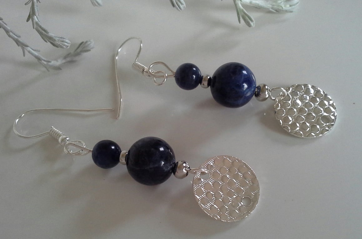 Textured Sodalite Gemstone Earrings Sterling Silver 