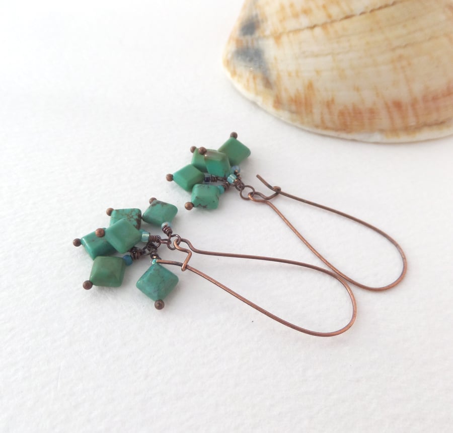 Copper Earrings, Semi Precious African Turquoise Cluster, Antique Copper Long