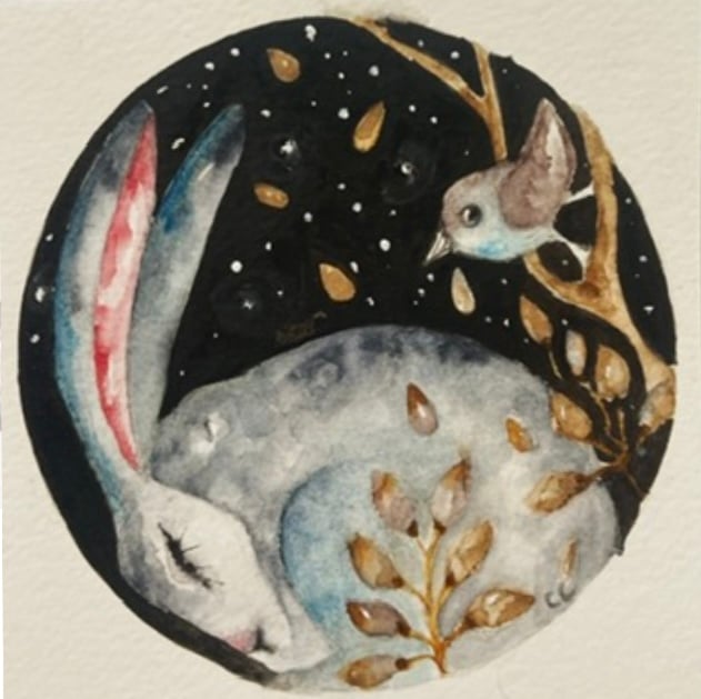 Mounted Original Whimsical Bird and Resting Hare Rabbit at Night