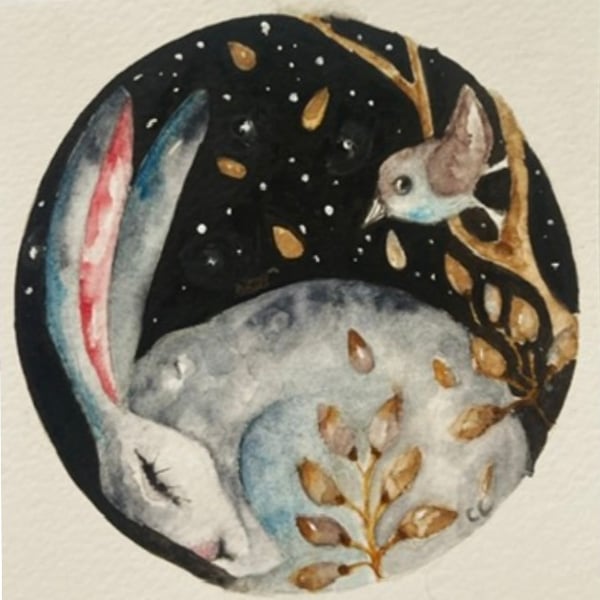 Mounted Original Whimsical Bird and Resting Hare Rabbit at Night