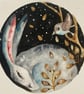 Mounted Original Whimsical Bird and Resting Hare Rabbit at Night