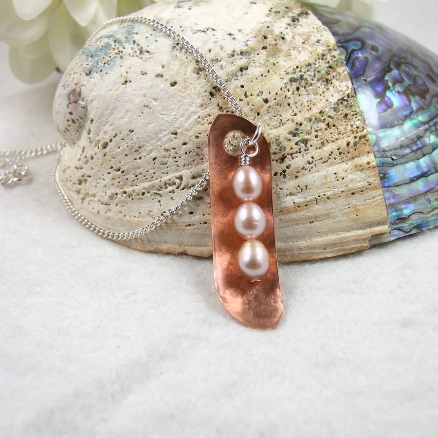 Family Peas in a Pod Necklace Sterling Silver, Copper & Freshwater Pearls