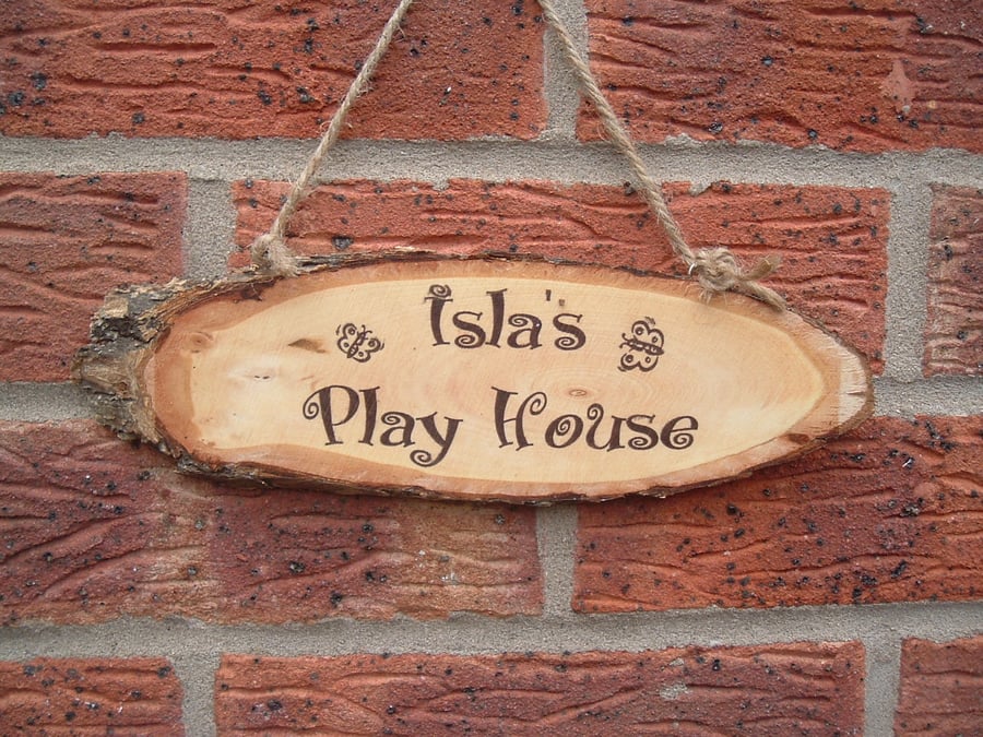 House name address personalised hanging rustic  tree slice bark sign playhouse
