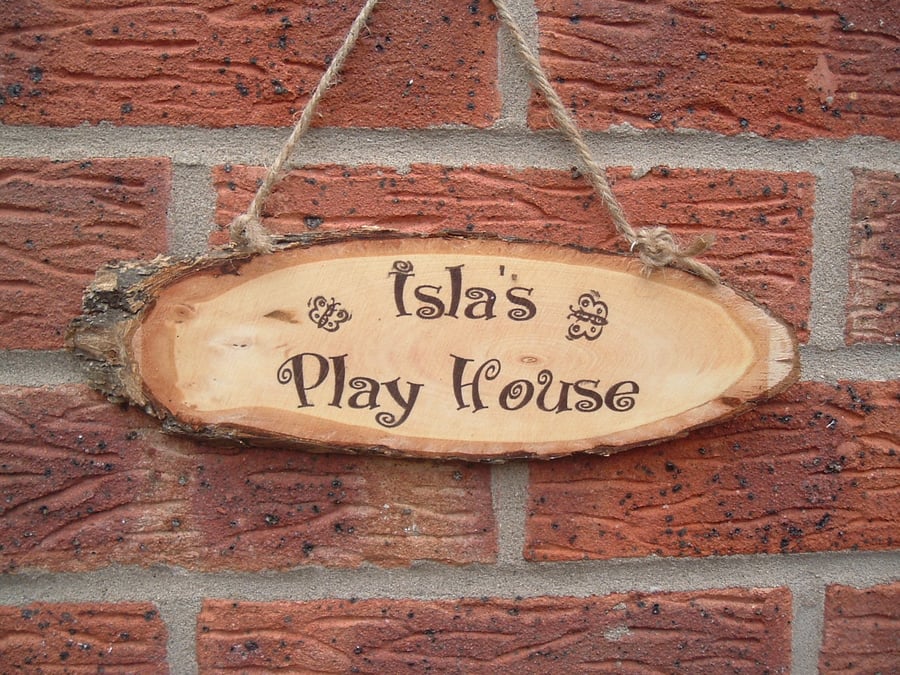 House name address personalised hanging rustic  tree slice bark sign playhouse