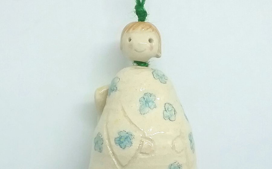 Ceramic hand made angel bell with wings & blue bird and shoe chime gift 