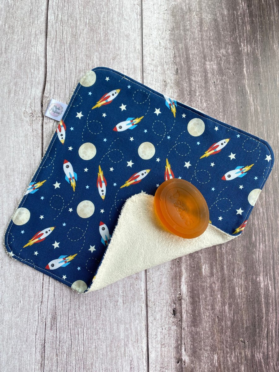 Organic Bamboo Cotton Wash Face Cloth Flannel Navy Space Rocket Moon