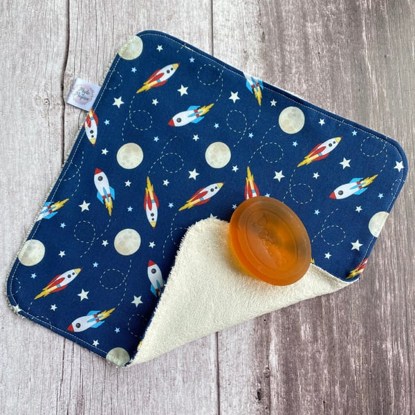 Organic Bamboo Cotton Wash Face Cloth Flannel Navy Space Rocket Moon