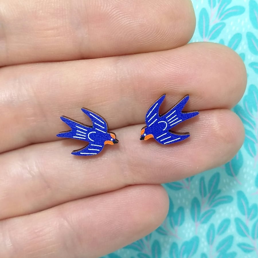 Swallow Earrings, Wooden Bird Studs, Silver Plated or Sterling Silver Backs