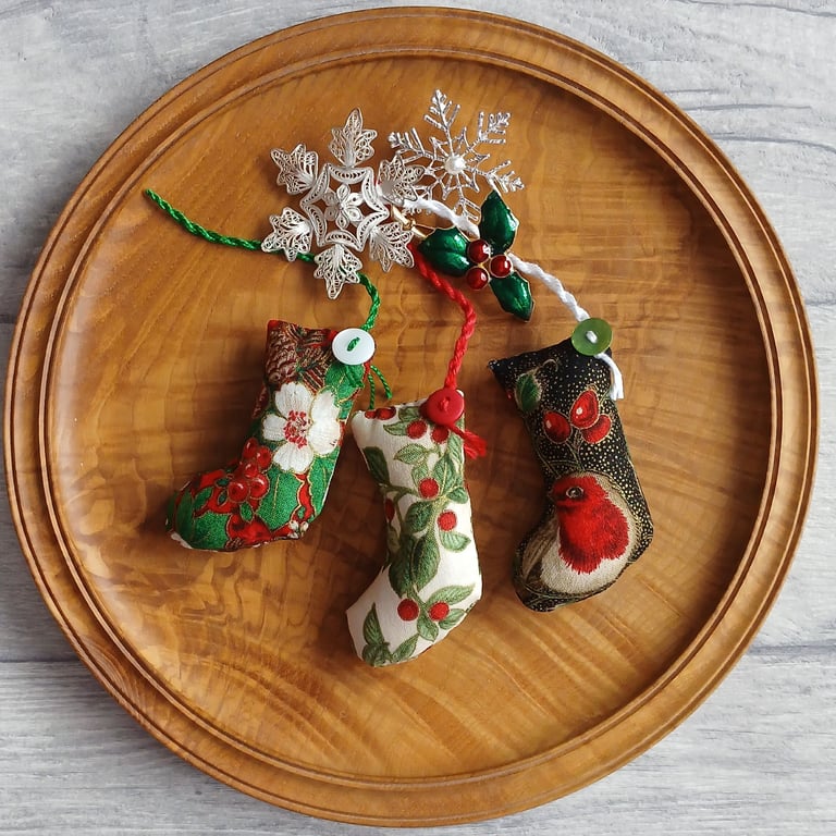Three Scrapbox Stockings, Mini Christmas Stocking Tree Decorations