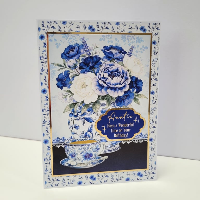 Auntie Birthday Card – Elegant Blue Floral Handmade Card