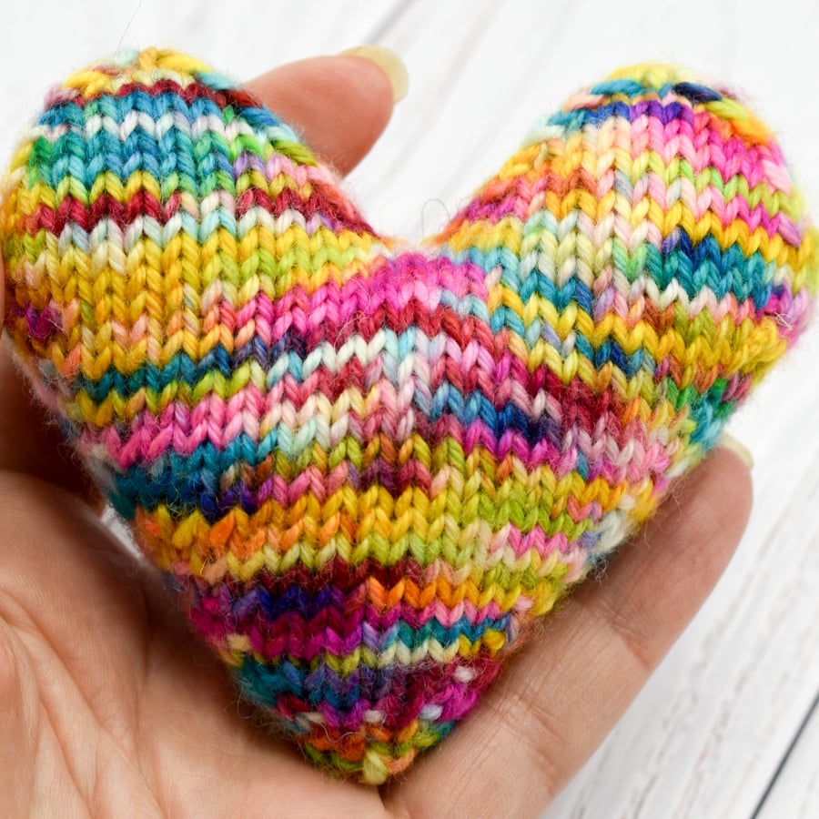 SOLD - Hand knitted heart - pocket hug - Multicolour brights