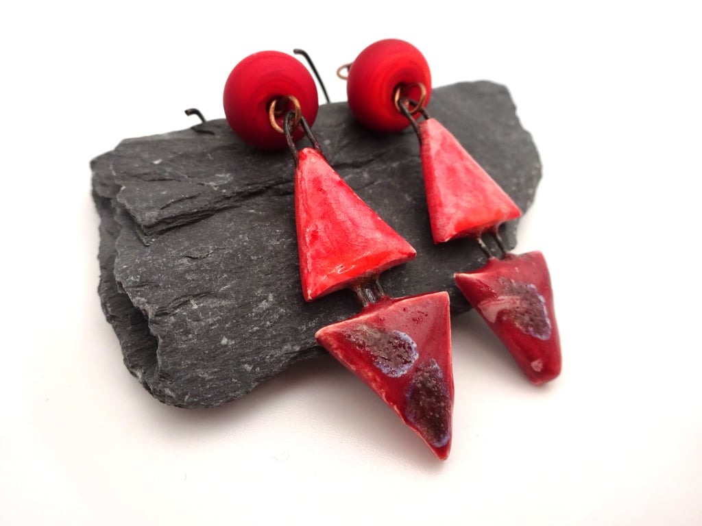 copper, red lampwork glass and ceramic earrings