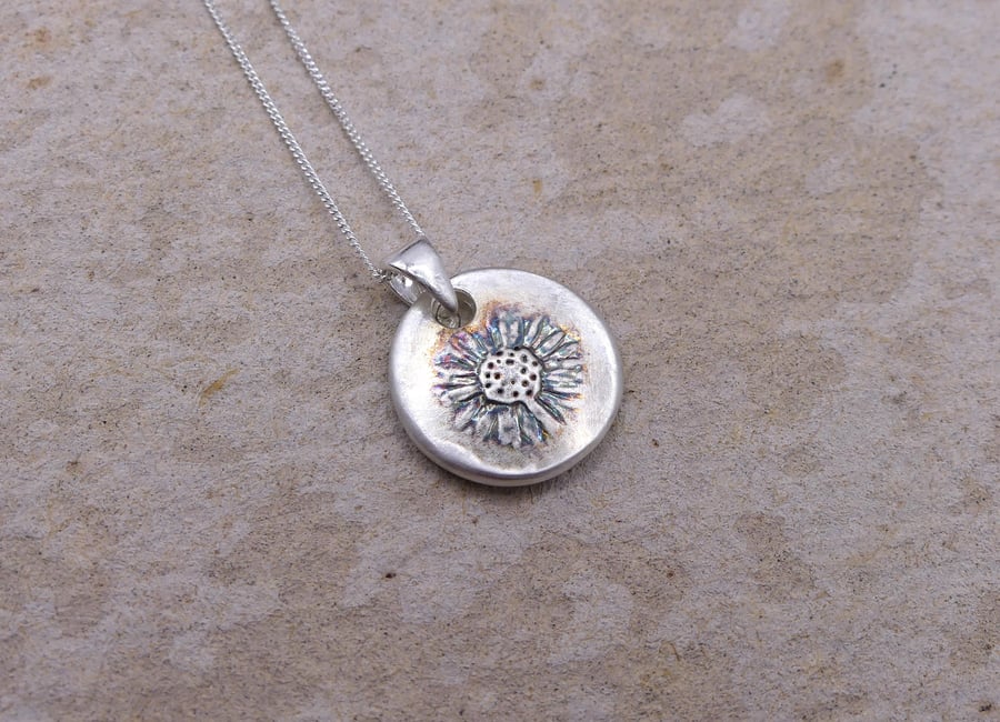 Recycled Sterling Silver Real Daisy Flower Mould Pendant Necklace ECO STS Chain.