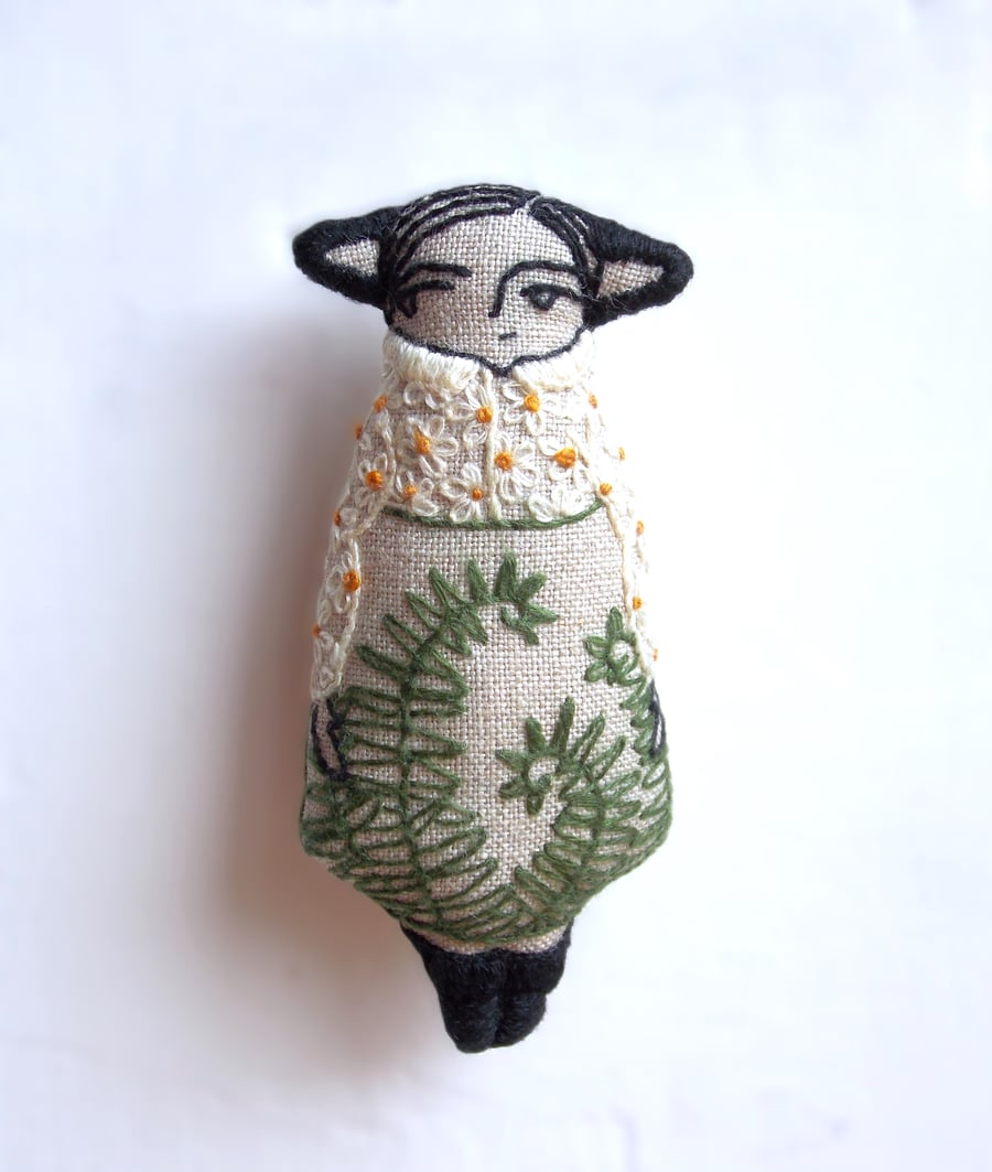 Gorse Fae with Fern Skirt - A Miniature Hand Embroidered Textile Art Doll, 7.5cm