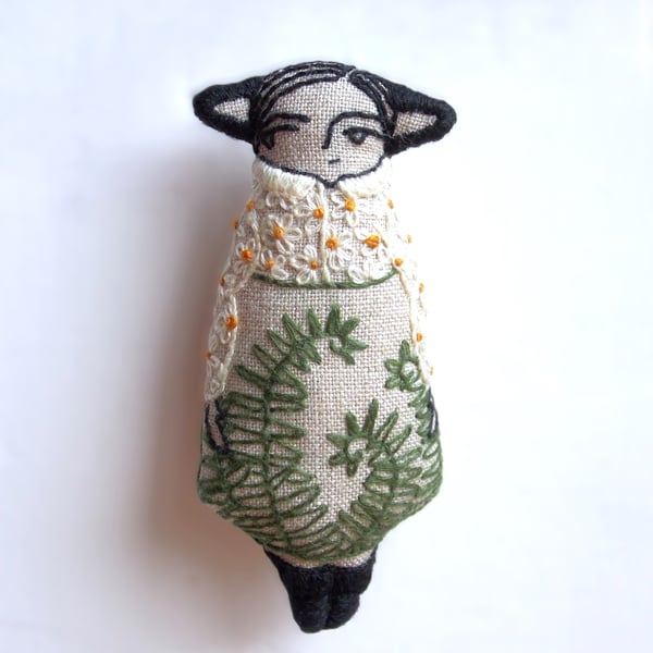 Gorse Fae with Fern Skirt - A Miniature Hand Embroidered Textile Art Doll, 7.5cm