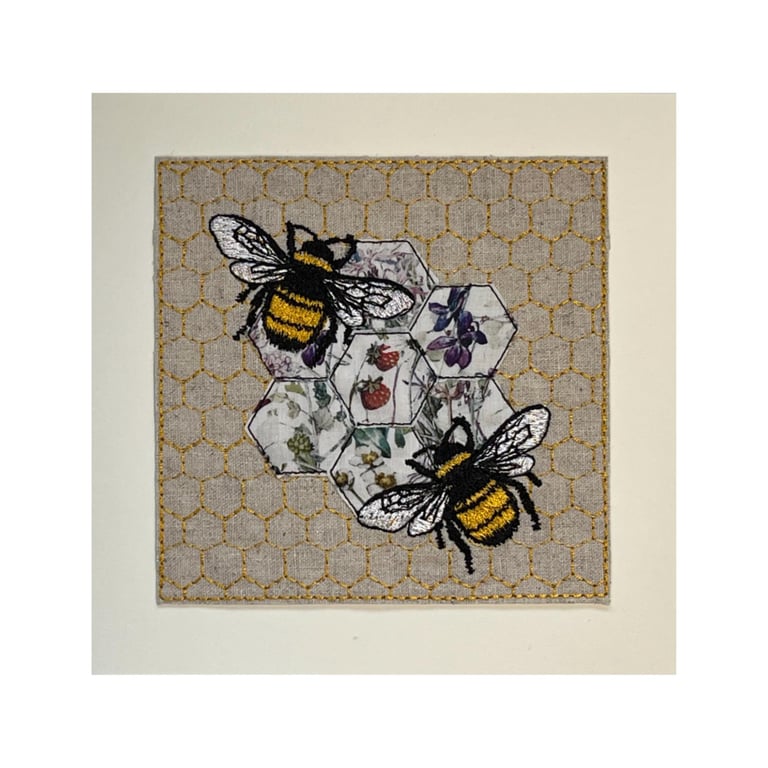 Embroidered Bee Greetings Card: Liberty Fabric Applique on Linen