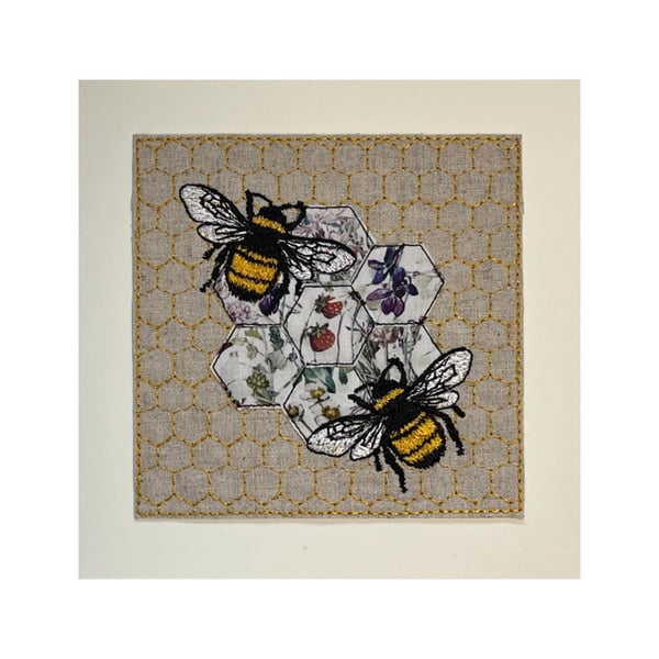Embroidered Bee Greetings Card: Liberty Fabric Applique on Linen