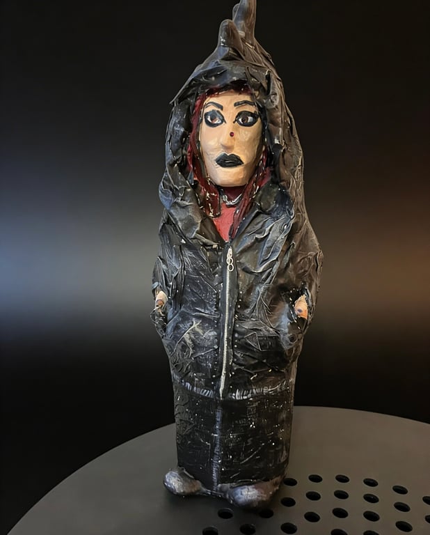 Jade Hand Sculpted Gothic Art Doll Upcycled Glass Bottle & Paper Mache Sculpture