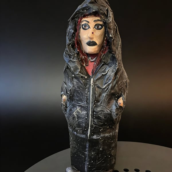 Jade Hand Sculpted Gothic Art Doll Upcycled Glass Bottle & Paper Mache Sculpture