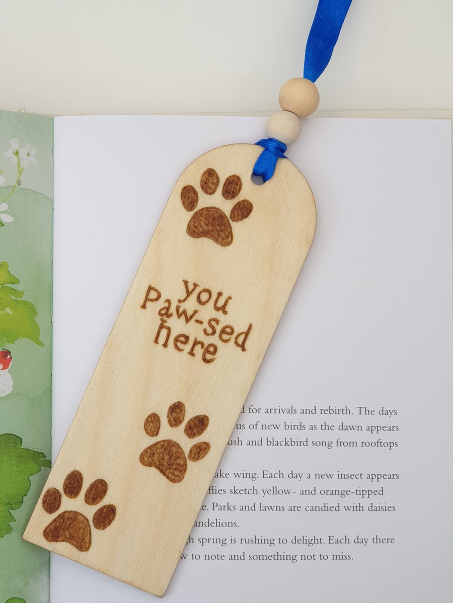 Bookmark, pyrography wooden pawprint you paw-sed here booklover gift 