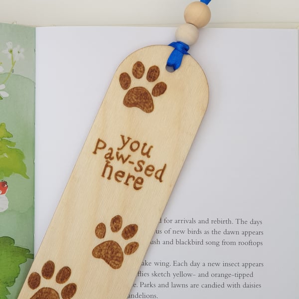 Bookmark, pyrography wooden pawprint you paw-sed here booklover gift 