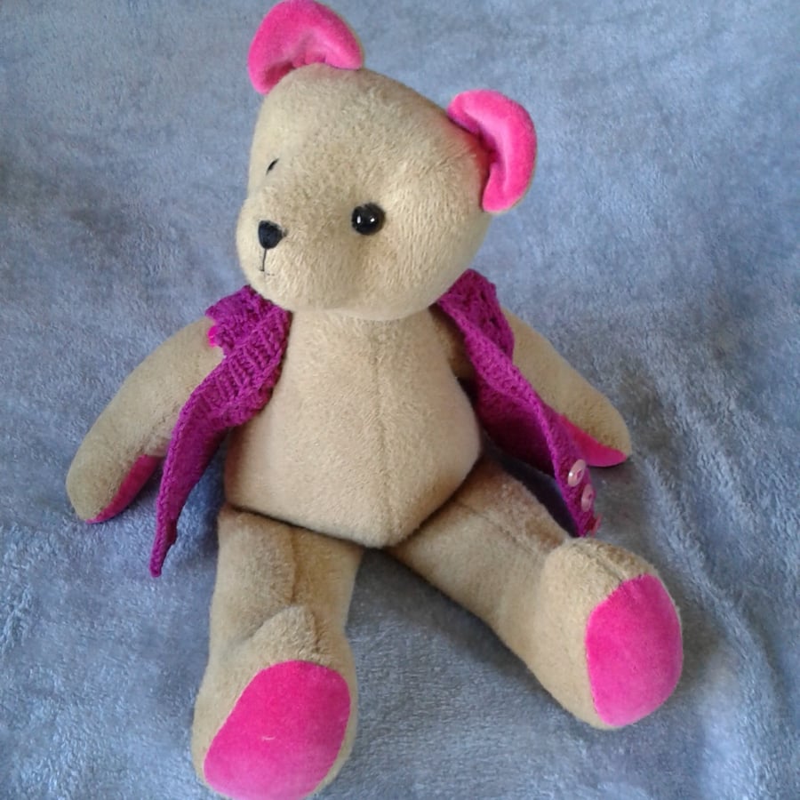 Bear 'Crumble' a 15" cotton fleece cutie with velvet paws and knitted waistcoat