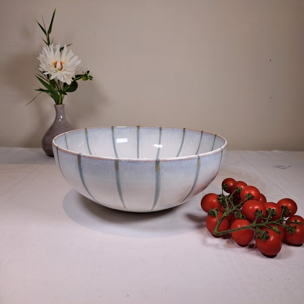 LARGE OFF WHITE GLAZED CERAMIC BOWL - Hand made with blue green stripes
