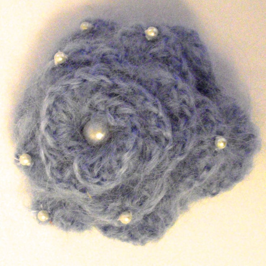 Blue Crocheted Flower Brooch With Mohair and Pearls