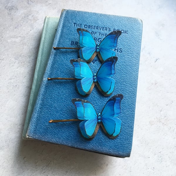 Silk Butterfly Hair Pins - Set of three Blue Morpho butterflies with Crystals