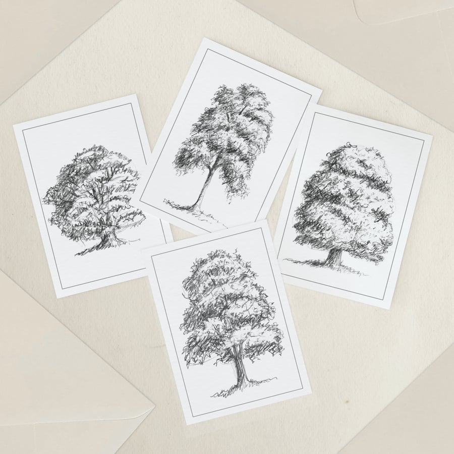 Small Minimalist Tree Notelets - Pack of 4 Blank Note Cards, A7