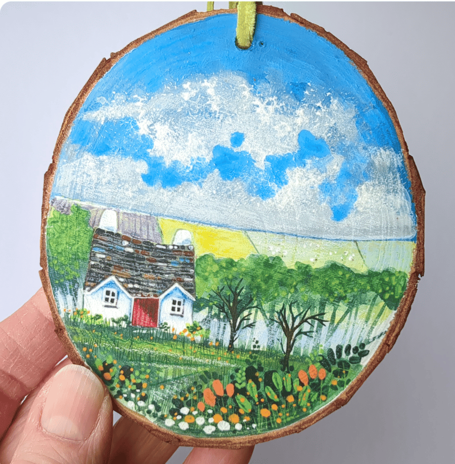 Sheep Cottage - Unique hand-painted wooden slice. Original artwork 