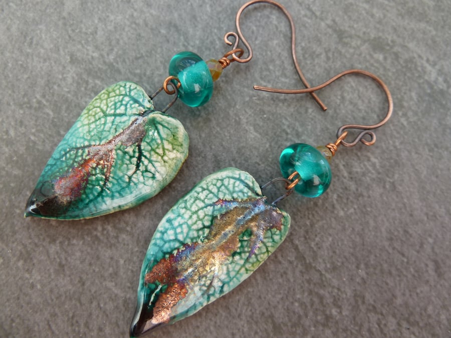 copper, lampwork glass and ceramic leaf earrings