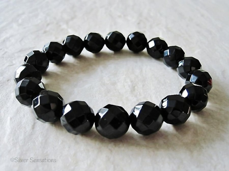 Chunky Faceted Black Onyx Beaded Stretch Bracelet