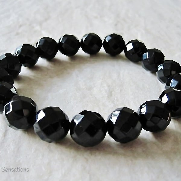 Chunky Faceted Black Onyx Beaded Stretch Bracelet