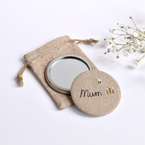 Mum handbag mirror, personalised pocket mirror, embroidered hand mirror