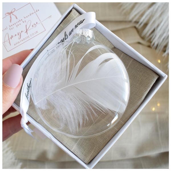 White Feather Memorial Bauble, Round Glass Christmas Ornament, Remembrance Keeps