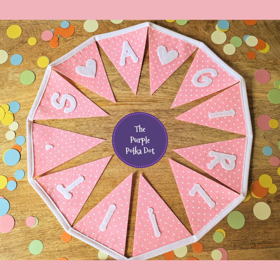 It's a girl banner handmade from pink polka dot felt ideal for baby shower