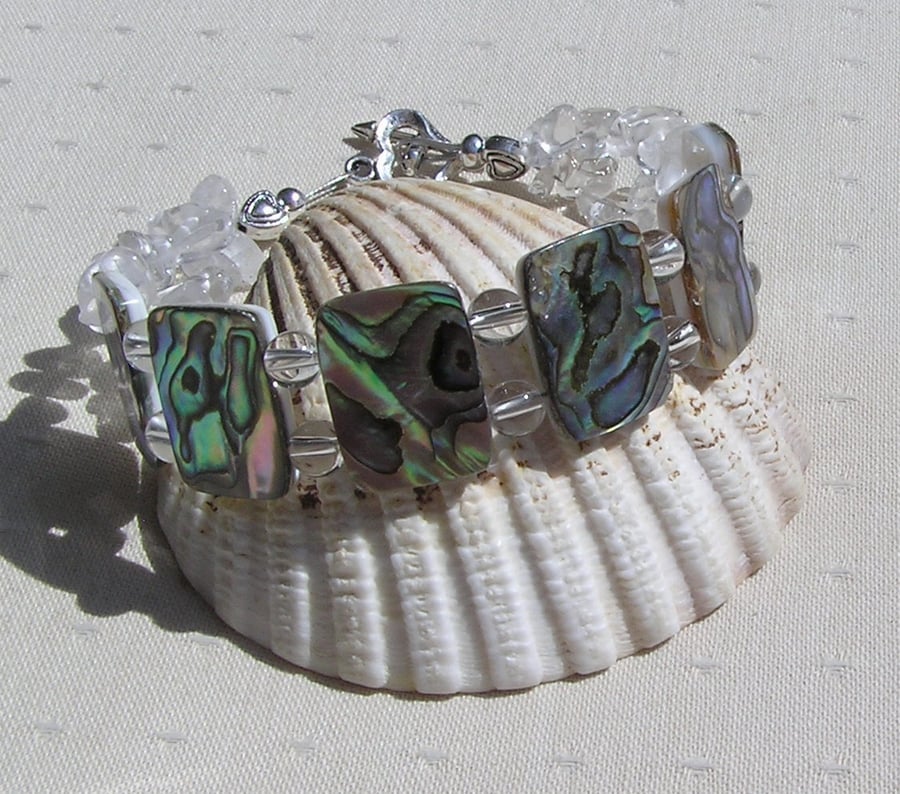 Abalone Shell & Clear Quartz Gemstone Crystal Bracelet "Peacock Ice"