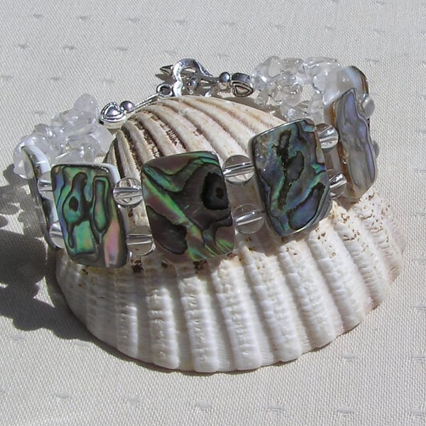 Abalone Shell & Clear Quartz Gemstone Crystal Bracelet "Peacock Ice"