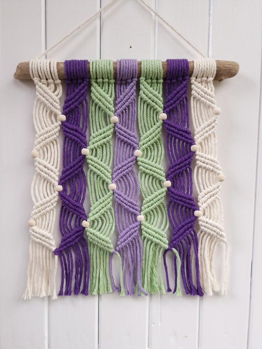 Macrame wall hanging, purple and green home decor, contemporary fiber art. 