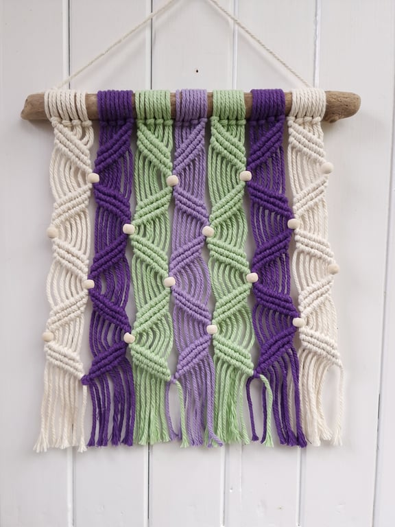 Macrame wall hanging, purple and green home decor, contemporary fiber art. 