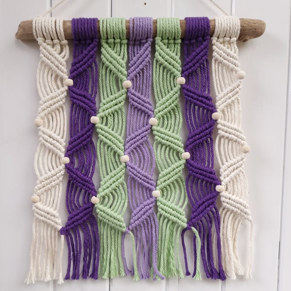 Macrame wall hanging, purple and green home decor, contemporary fiber art. 