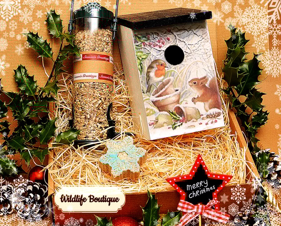 Handmade Festive Robin & Squirrel Nest Box Gift Set with seed and feeder 