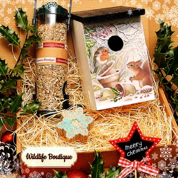 Handmade Festive Robin & Squirrel Nest Box Gift Set with seed and feeder 